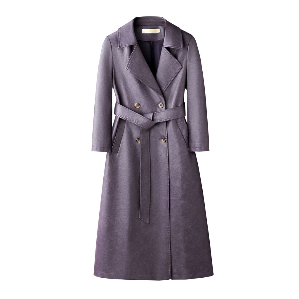 Women's Leather Trench Coat Long Below-the-knee Length