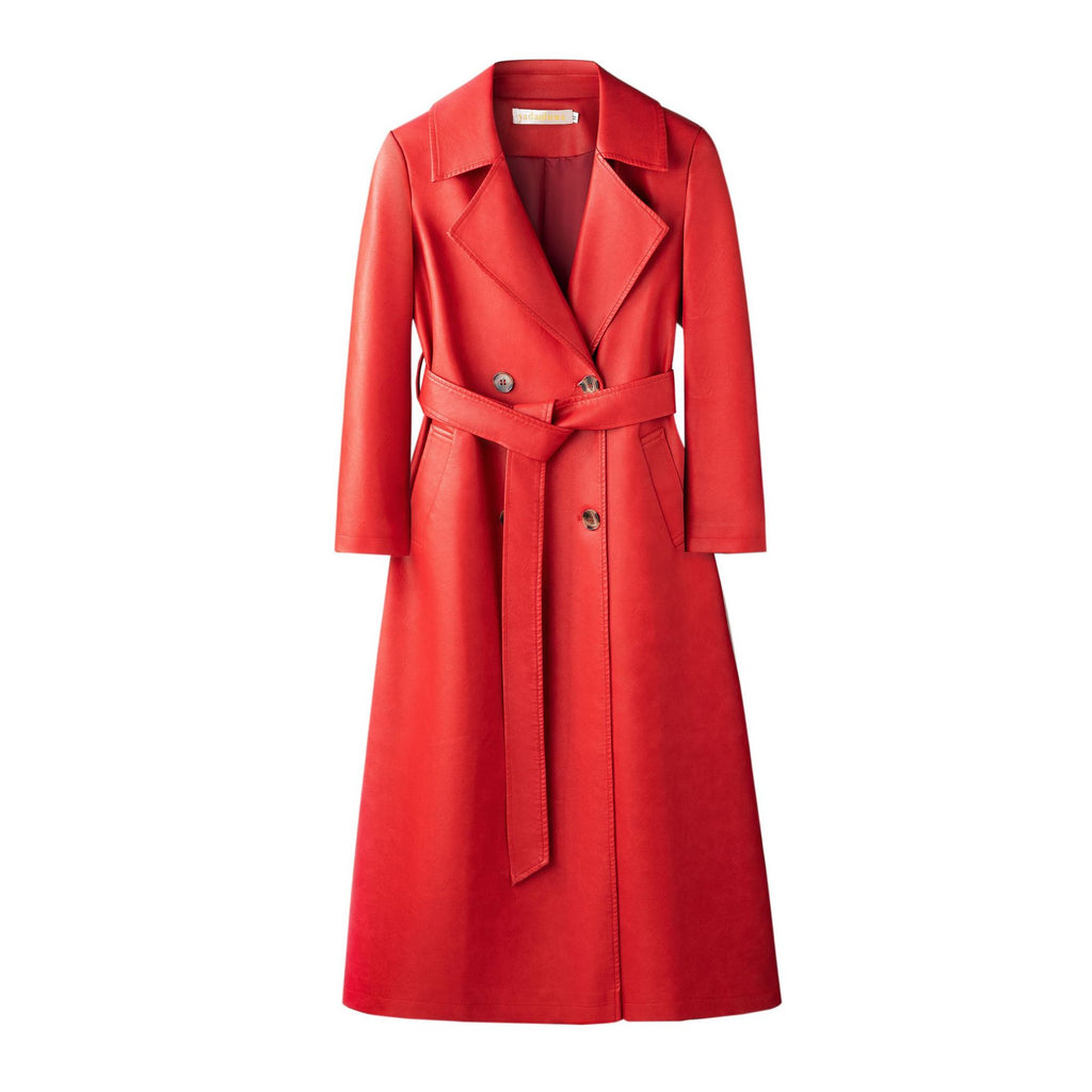 Women's Leather Trench Coat Long Below-the-knee Length