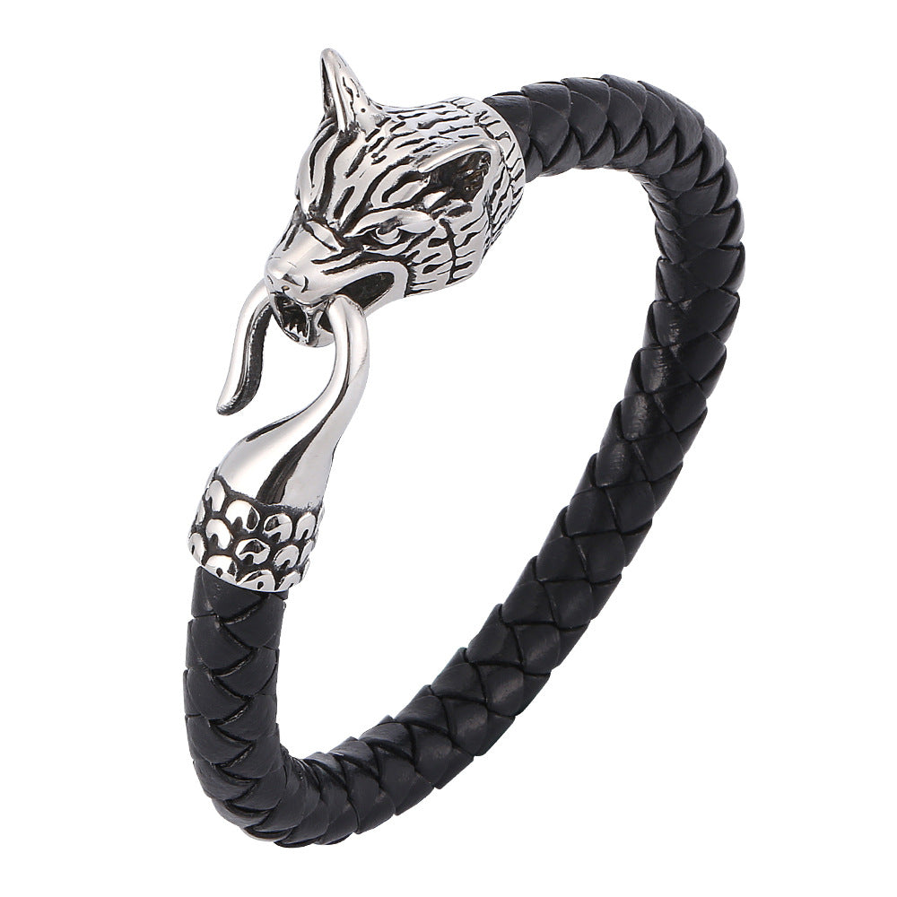 Fashionable Wolf Head Genuine Leather Braided Leather Cord Exquisite Bracelet