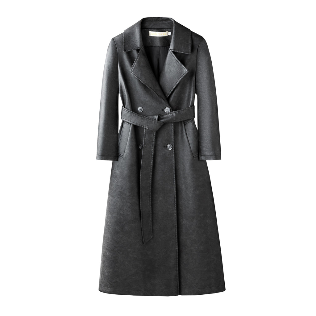 Women's Leather Trench Coat Long Below-the-knee Length