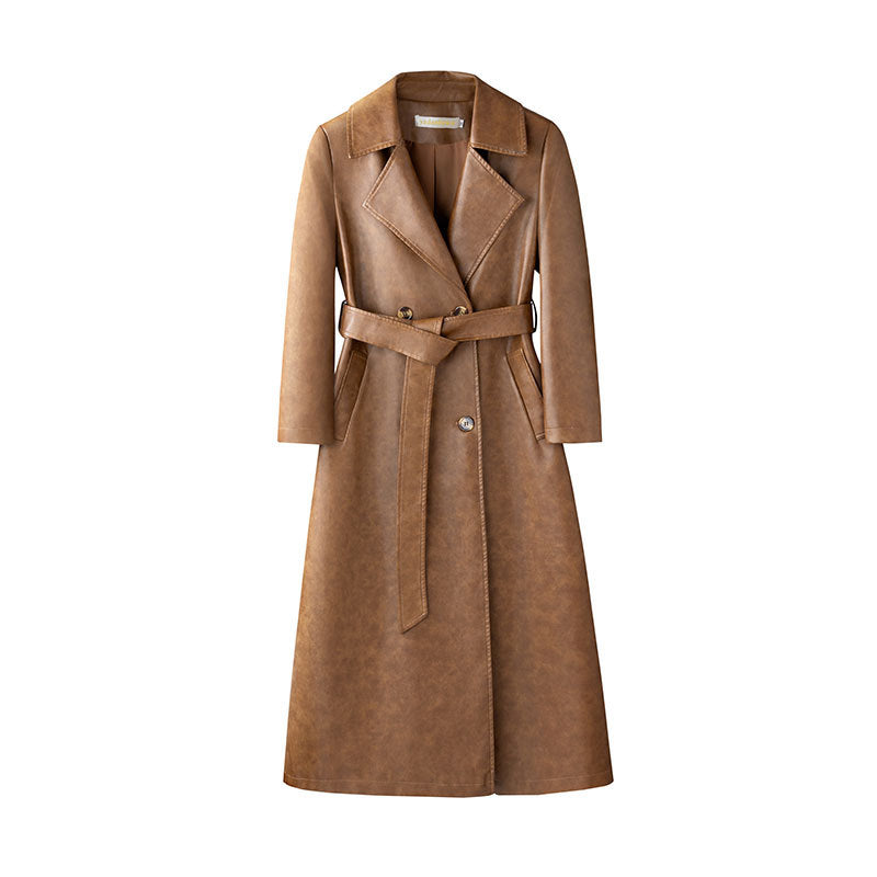 Women's Leather Trench Coat Long Below-the-knee Length