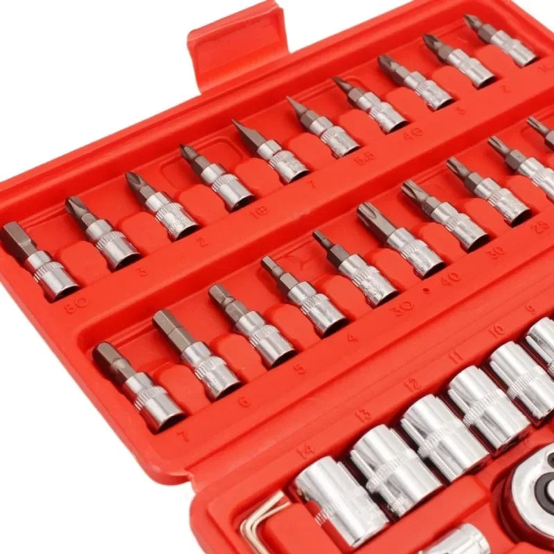 Professional Grade 46PCS Master Mechanic Tool Kit 3/8\" Ratchet SAE/Metric Sockets Torx/Hex Bits Extension Bars Case