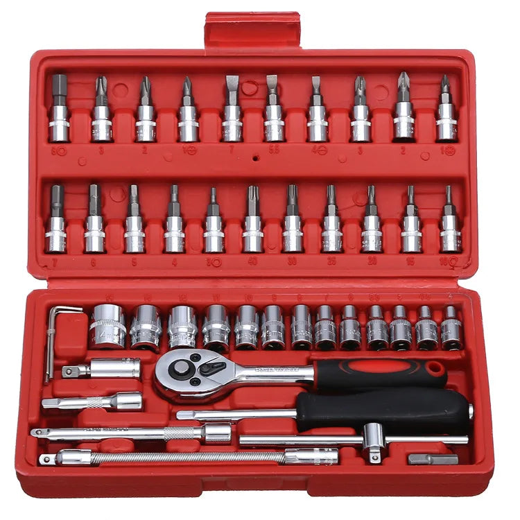 Professional Grade 46PCS Master Mechanic Tool Kit 3/8\" Ratchet SAE/Metric Sockets Torx/Hex Bits Extension Bars Case