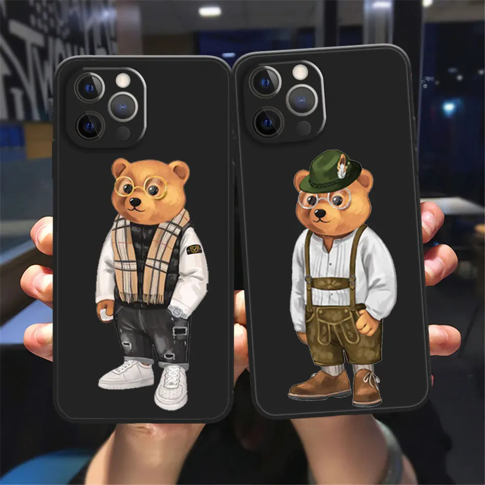 Cute Bear Fashion Brand Protective Cover Phone Case For iPhone 17 16 15 14 13 12 11 Pro Max 17AIR 14 15 16 Plus Black soft shell
