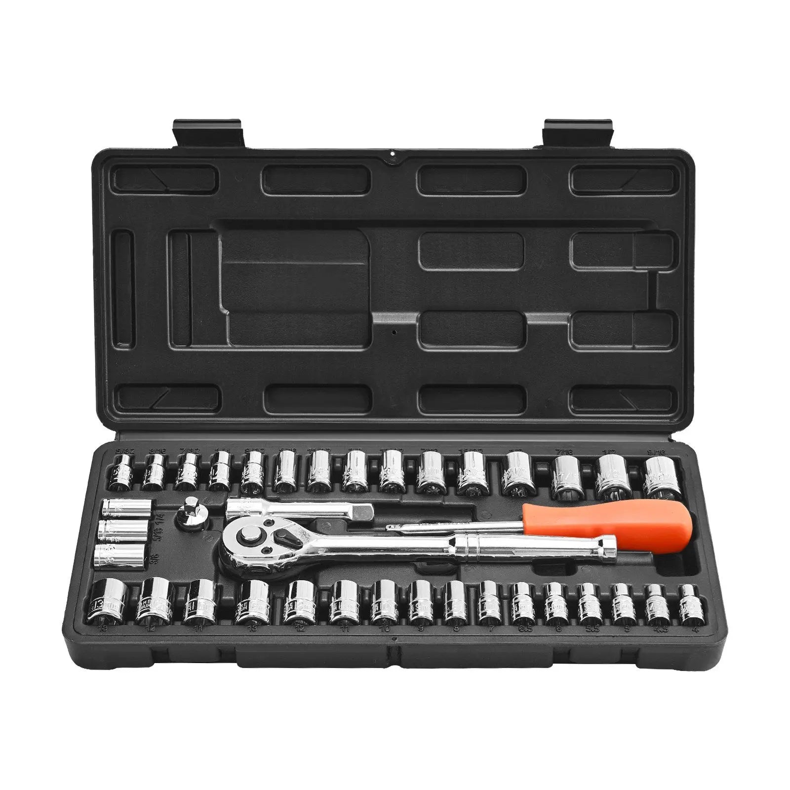 39 Piece Auto Repair Tool Kit 1/4 3/8 Inch Drive SAE Metric Socket Ratchet Wrench CR-V Alloy Steel Storage Case