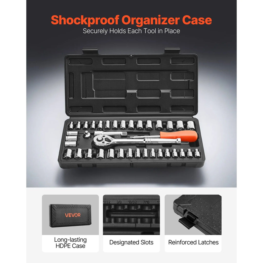 39 Piece Auto Repair Tool Kit 1/4 3/8 Inch Drive SAE Metric Socket Ratchet Wrench CR-V Alloy Steel Storage Case