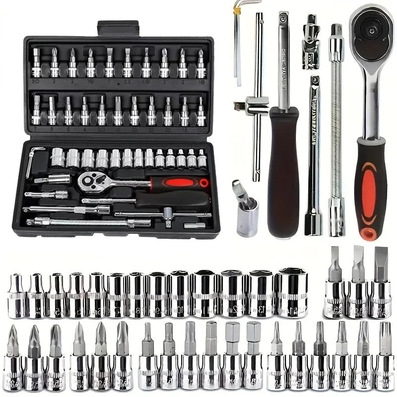 46pcs 1/4 Inch Drive Socket Set Ratchet Wrench Set Car Tool Kit, Bit Socket Wrench Set Metric Mechanic Tool Set Car accessories