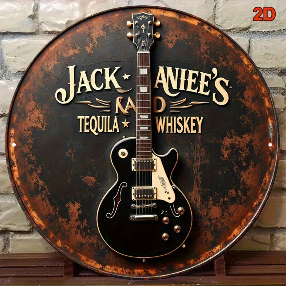 2D Flat, 1pc Vintage Guitar & Tequila Whiskey Metal Wall Decor - Retro Bar Sign with Electric Guitar Art - Rustic Country Music