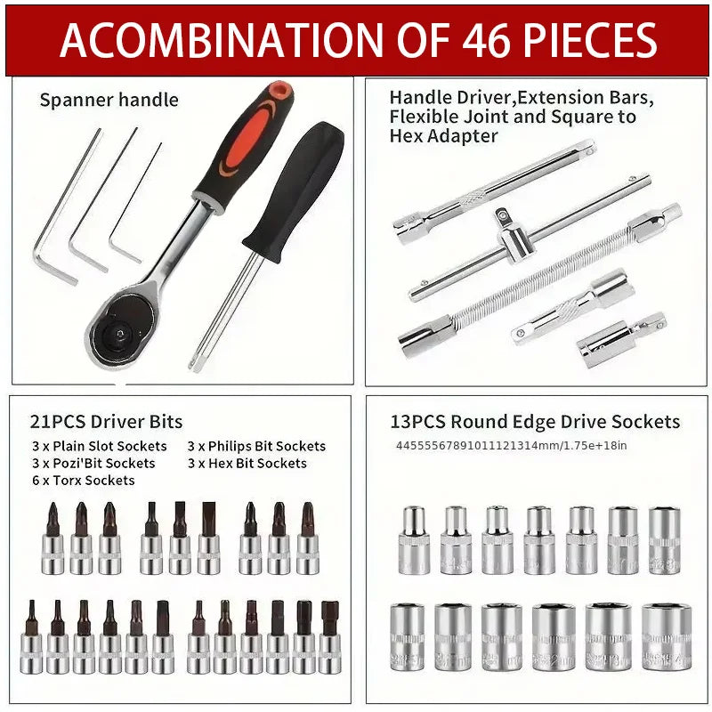 46pcs 1/4 Inch Drive Socket Set Ratchet Wrench Set Car Tool Kit, Bit Socket Wrench Set Metric Mechanic Tool Set Car accessories