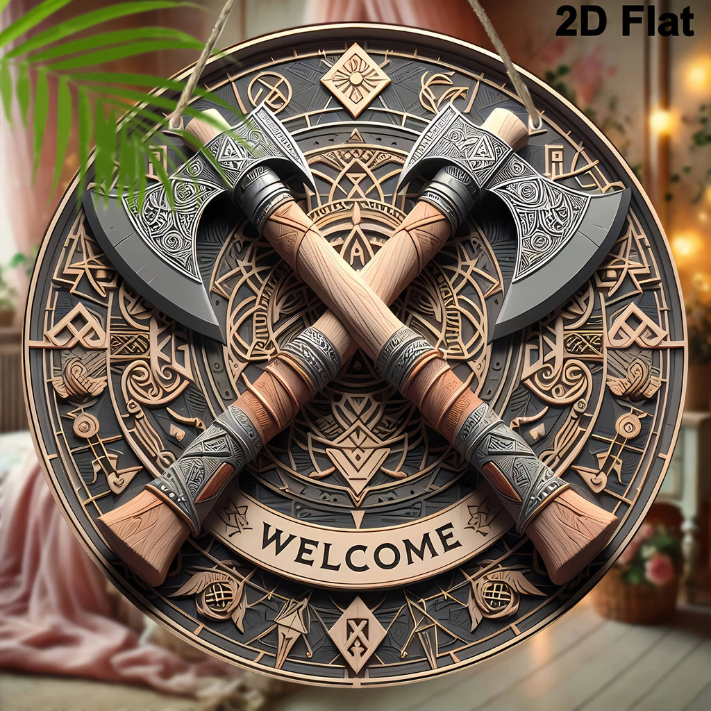 Viking Axes Welcome Sign - Aluminum Wall Art with Intricate Norse Design,Wall-Mounted Decor for Home