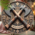 Viking Axes Welcome Sign - Aluminum Wall Art with Intricate Norse Design,Wall-Mounted Decor for Home
