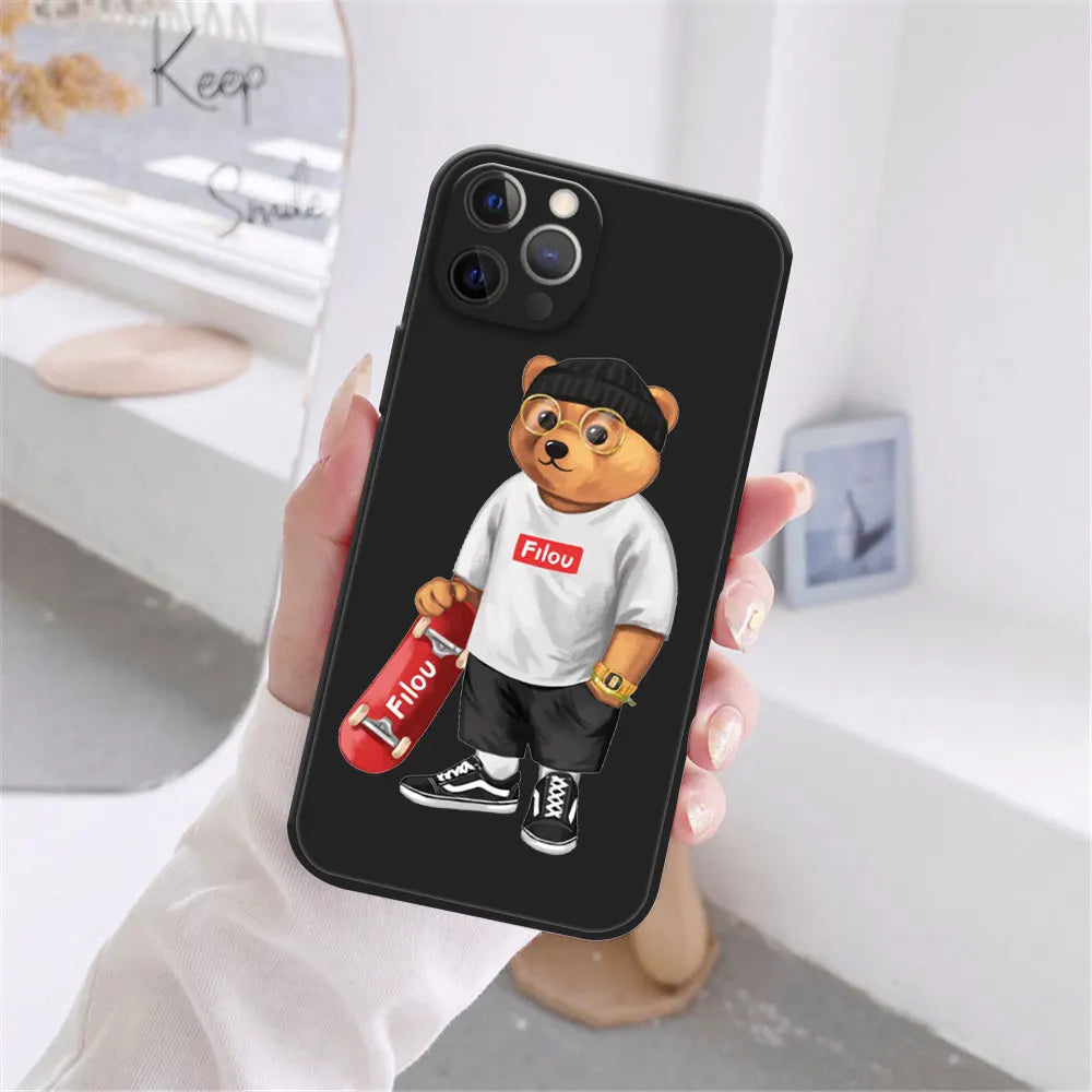 Cute Bear Fashion Brand Protective Cover Phone Case For iPhone 17 16 15 14 13 12 11 Pro Max 17AIR 14 15 16 Plus Black soft shell