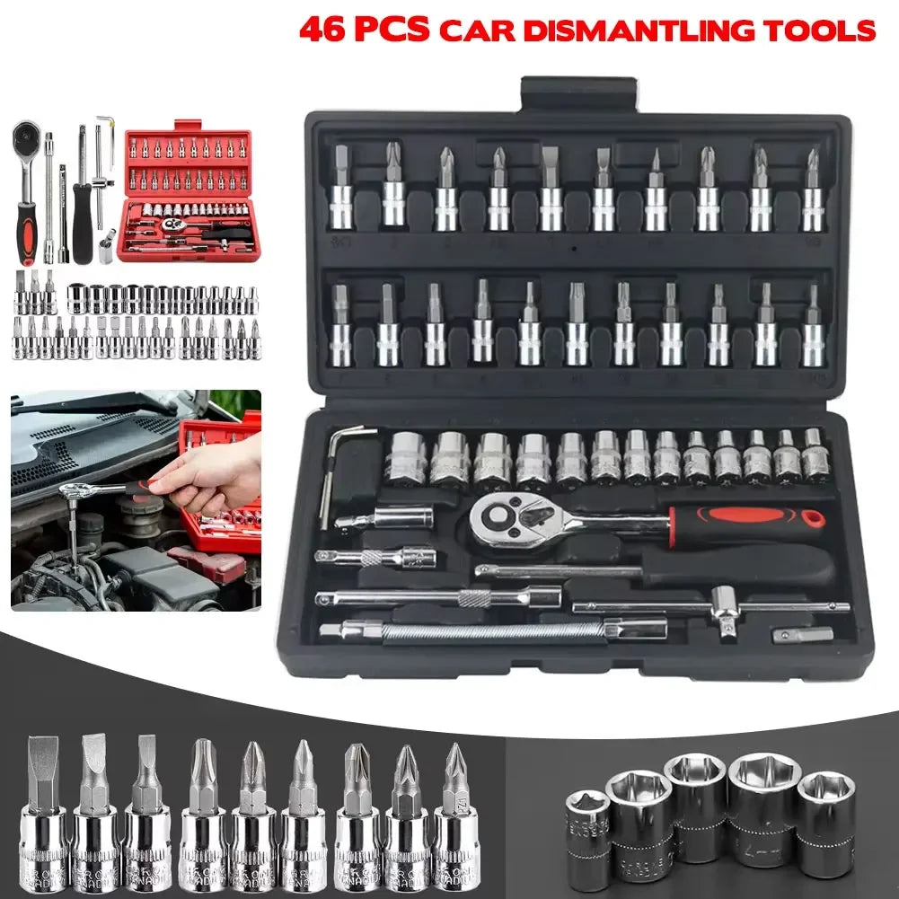 46pcs 1/4 Inch Drive Socket Set Ratchet Wrench Set Car Tool Kit, Bit Socket Wrench Set Metric Mechanic Tool Set Car accessories