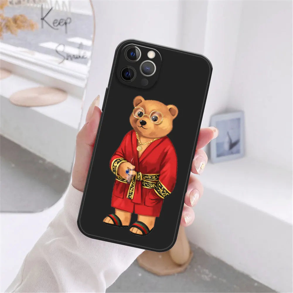 Cute Bear Fashion Brand Protective Cover Phone Case For iPhone 17 16 15 14 13 12 11 Pro Max 17AIR 14 15 16 Plus Black soft shell