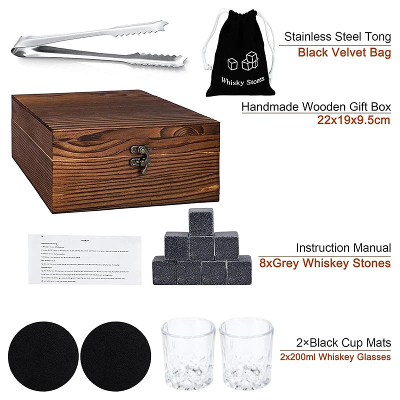 Set 8 Pcs Granite Ice Cubes+ 2 Pcs Cups For Whisky In Wooden Bottle Box Present For Dad Father'S Day Gift For Men Whiskey Stones
