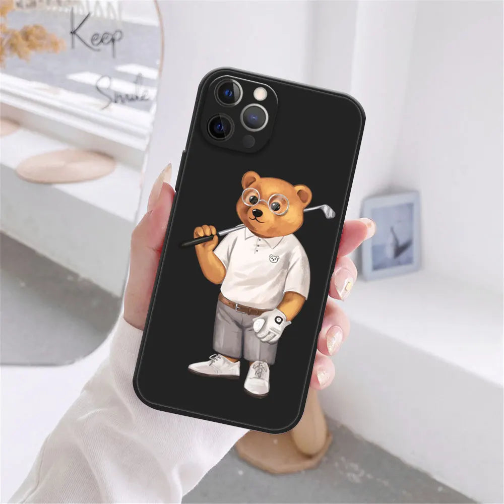 Cute Bear Fashion Brand Protective Cover Phone Case For iPhone 17 16 15 14 13 12 11 Pro Max 17AIR 14 15 16 Plus Black soft shell