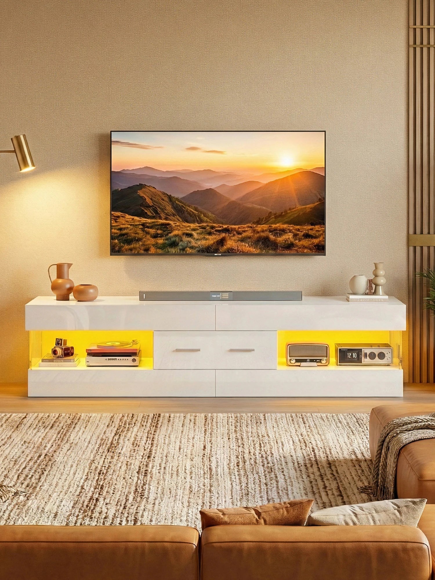 67" TV Stand for 75" TVs, High Gloss LED Media Console with Stone Doors, Drawer & Storage for Living Room, White