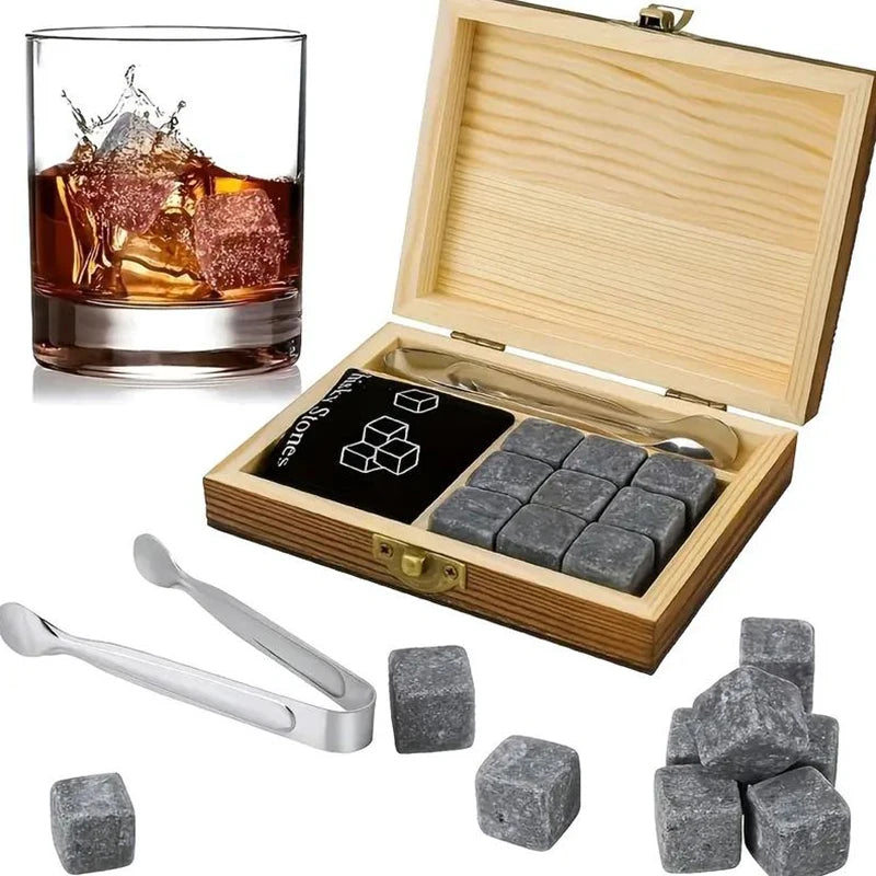 Set 8 Pcs Granite Ice Cubes+ 2 Pcs Cups For Whisky In Wooden Bottle Box Present For Dad Father'S Day Gift For Men Whiskey Stones