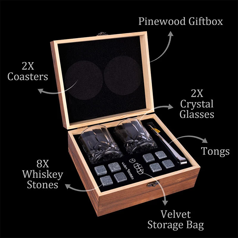 Set 8 Pcs Granite Ice Cubes+ 2 Pcs Cups For Whisky In Wooden Bottle Box Present For Dad Father'S Day Gift For Men Whiskey Stones