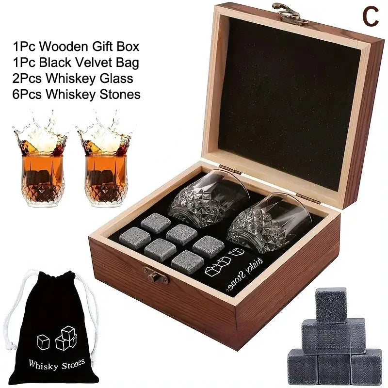 Set 8 Pcs Granite Ice Cubes+ 2 Pcs Cups For Whisky In Wooden Bottle Box Present For Dad Father'S Day Gift For Men Whiskey Stones