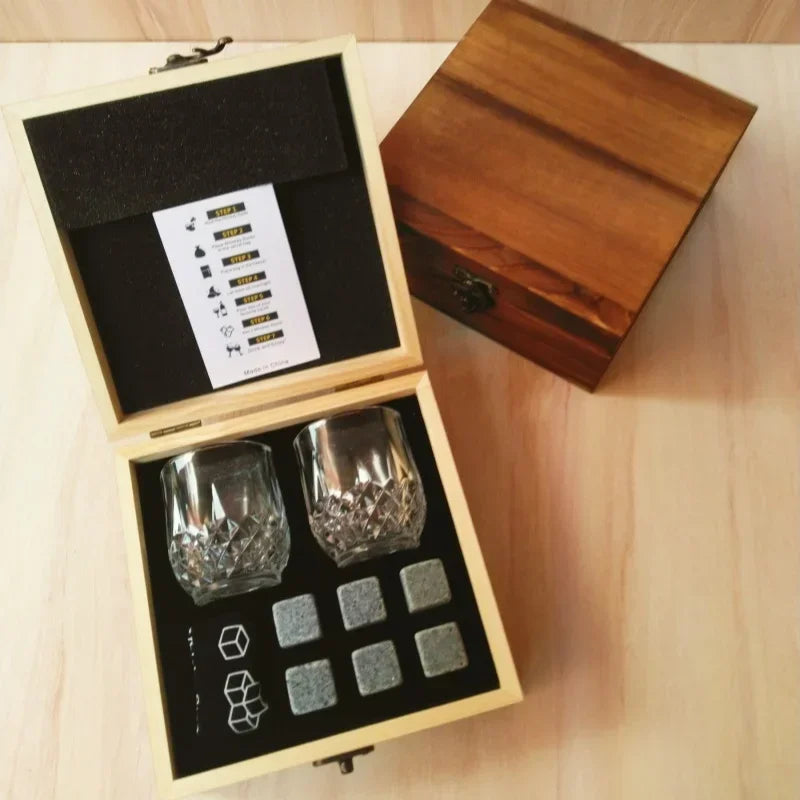 Father's Day Gift for Men Whiskey Stones Glasses Set Granite Ice Block for Whisky in Wooden Bottle Box Present for Dad Husband