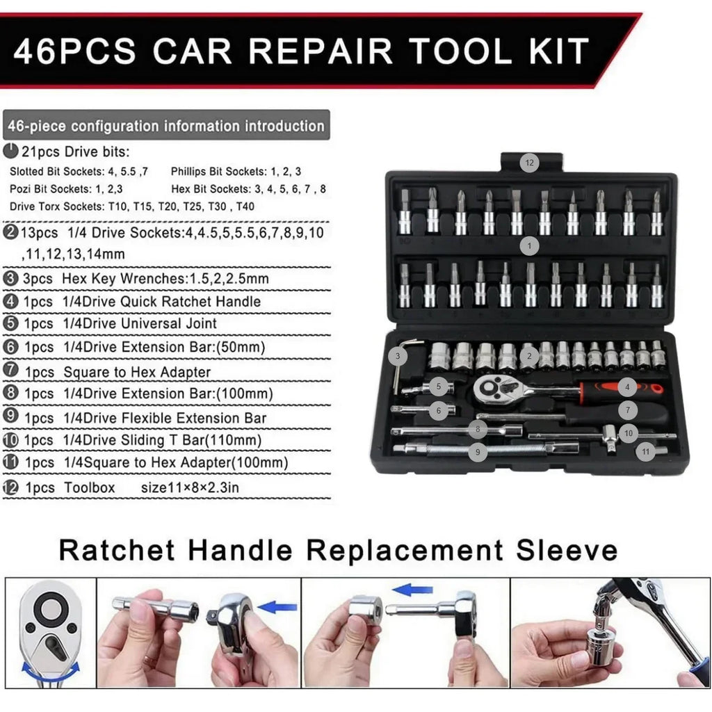 46pcs 1/4 Inch Drive Socket Set Ratchet Wrench Set Car Tool Kit, Bit Socket Wrench Set Metric Mechanic Tool Set Car accessories