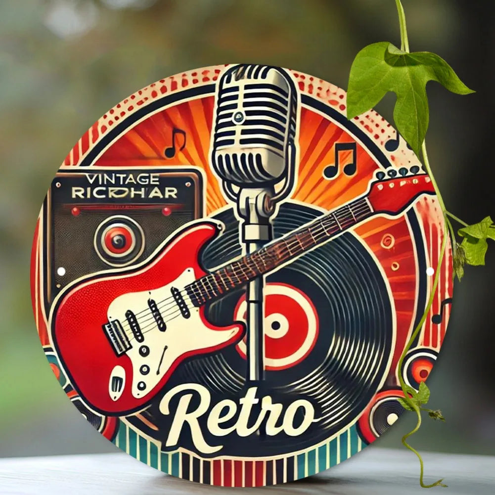 2D Flat, 1pc Vintage "Retro Melody" Round Aluminum Wall Art Sign - 8x8 Inch, Vibrant Red Electric Guitar & Vinyl Record Design