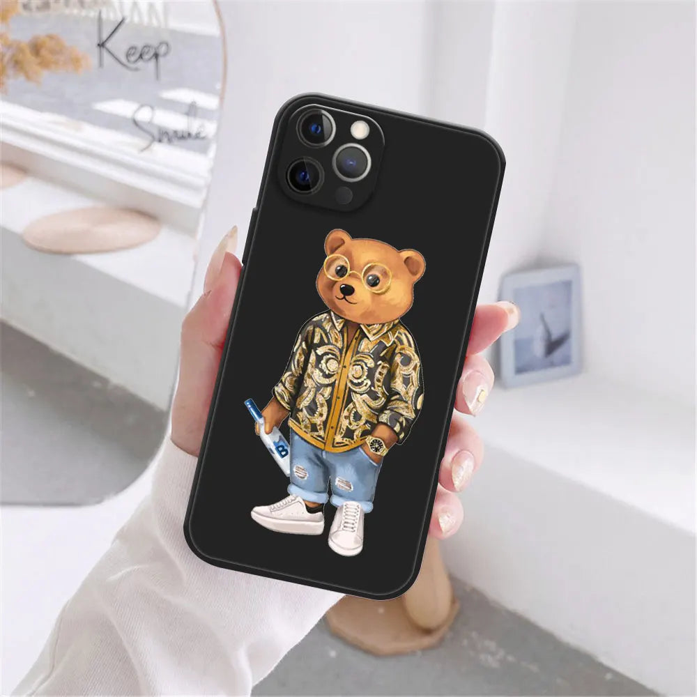 Cute Bear Fashion Brand Protective Cover Phone Case For iPhone 17 16 15 14 13 12 11 Pro Max 17AIR 14 15 16 Plus Black soft shell