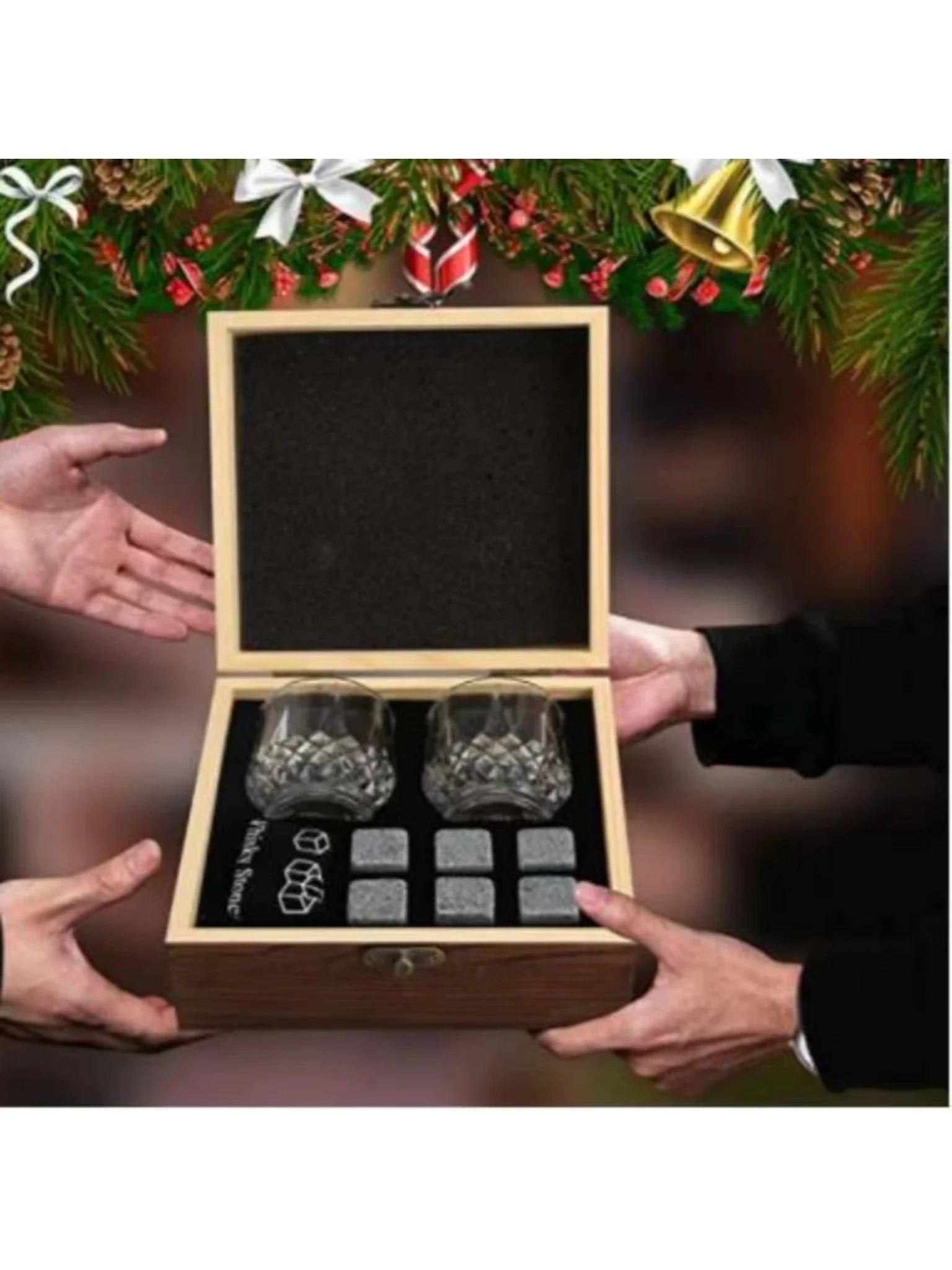 Father's Day Gift for Men Whiskey Stones Glasses Set Granite Ice Block for Whisky in Wooden Bottle Box Present for Dad Husband