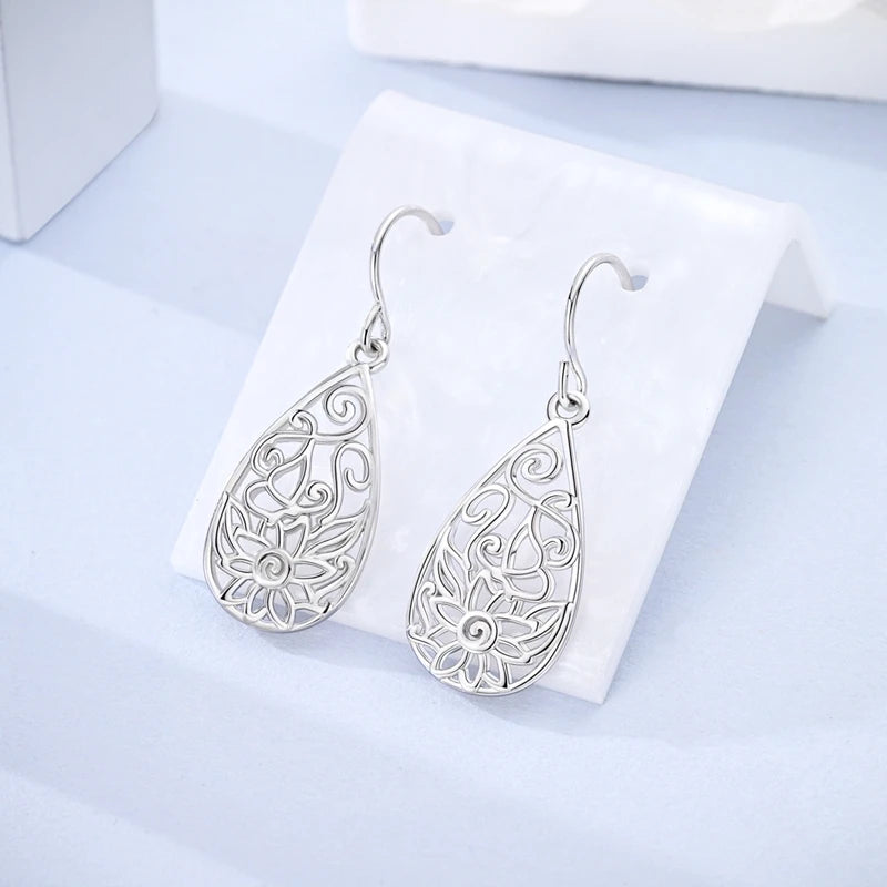 925 Sterling Silver Filigree Earrings Italian Filigrana Lace Drop Hoop Hypoallergenic For Women Party Wedding Versatile Jewelry