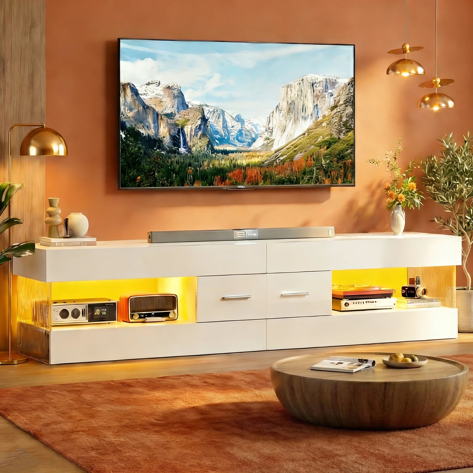 67" TV Stand for 75" TVs, High Gloss LED Media Console with Stone Doors, Drawer & Storage for Living Room, White
