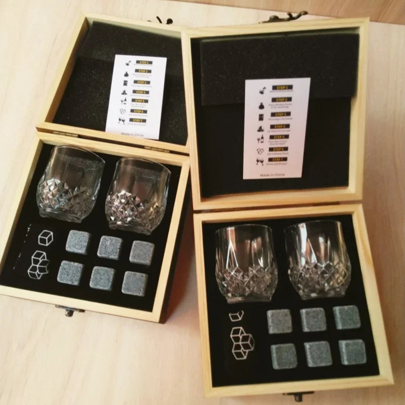 Father's Day Gift for Men Whiskey Stones Glasses Set Granite Ice Block for Whisky in Wooden Bottle Box Present for Dad Husband