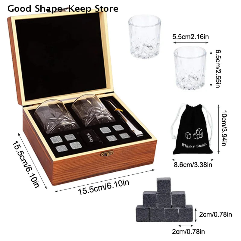 Set 8 Pcs Granite Ice Cubes+ 2 Pcs Cups For Whisky In Wooden Bottle Box Present For Dad Father'S Day Gift For Men Whiskey Stones