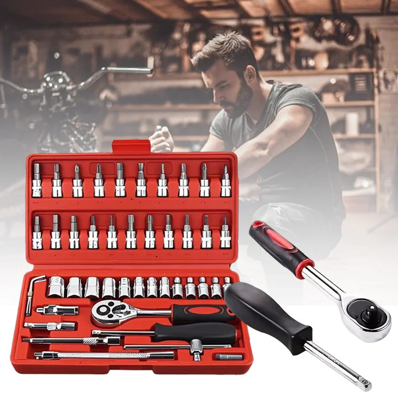 46pcs 1/4 Inch Drive Socket Set Ratchet Wrench Set Car Tool Kit, Bit Socket Wrench Set Metric Mechanic Tool Set Car accessories