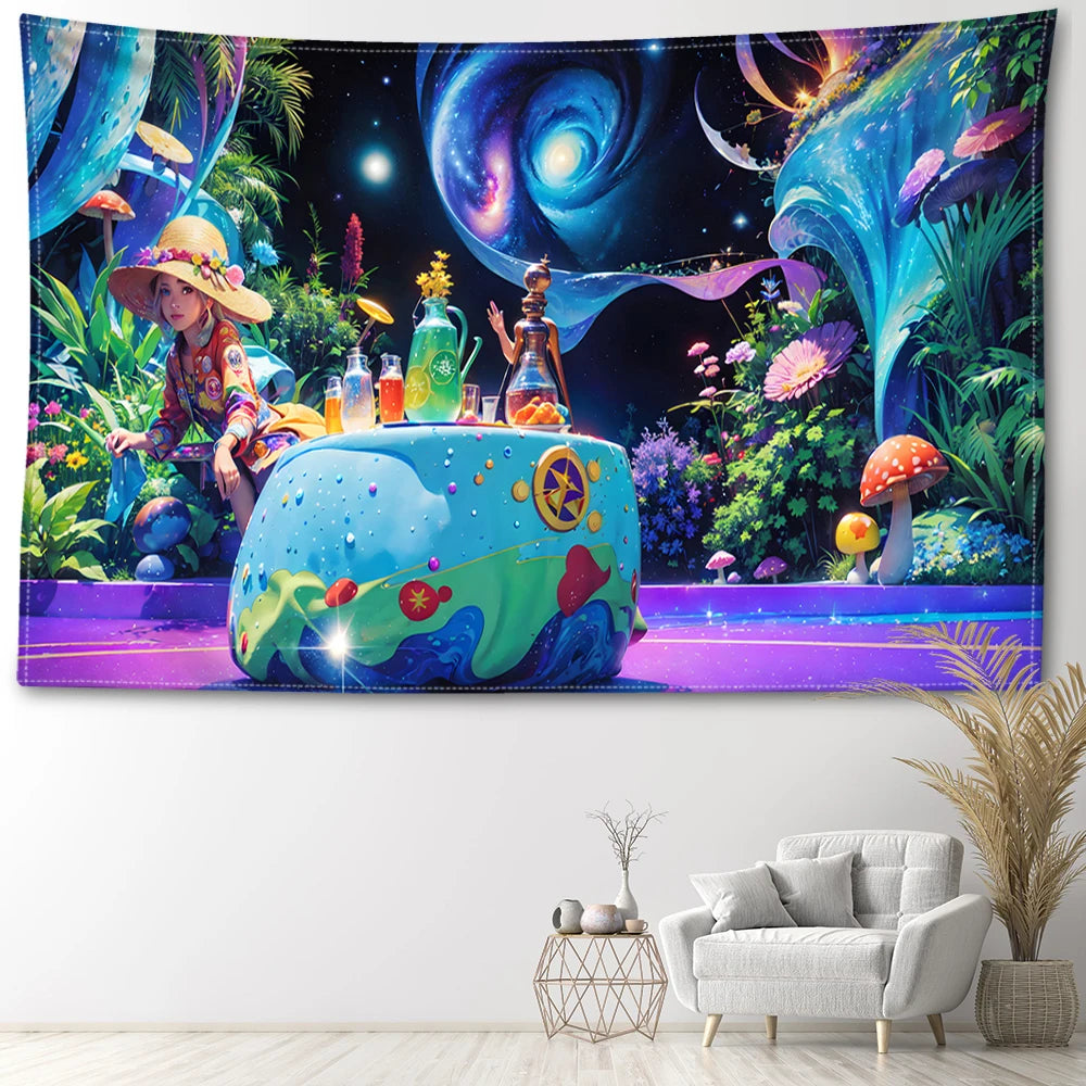 Cartoon Mushroom Forest Tapestry Wall Hanging Mysterious Simple Abstract Art Landscape Bohemian Bedroom Living Room Home Decor