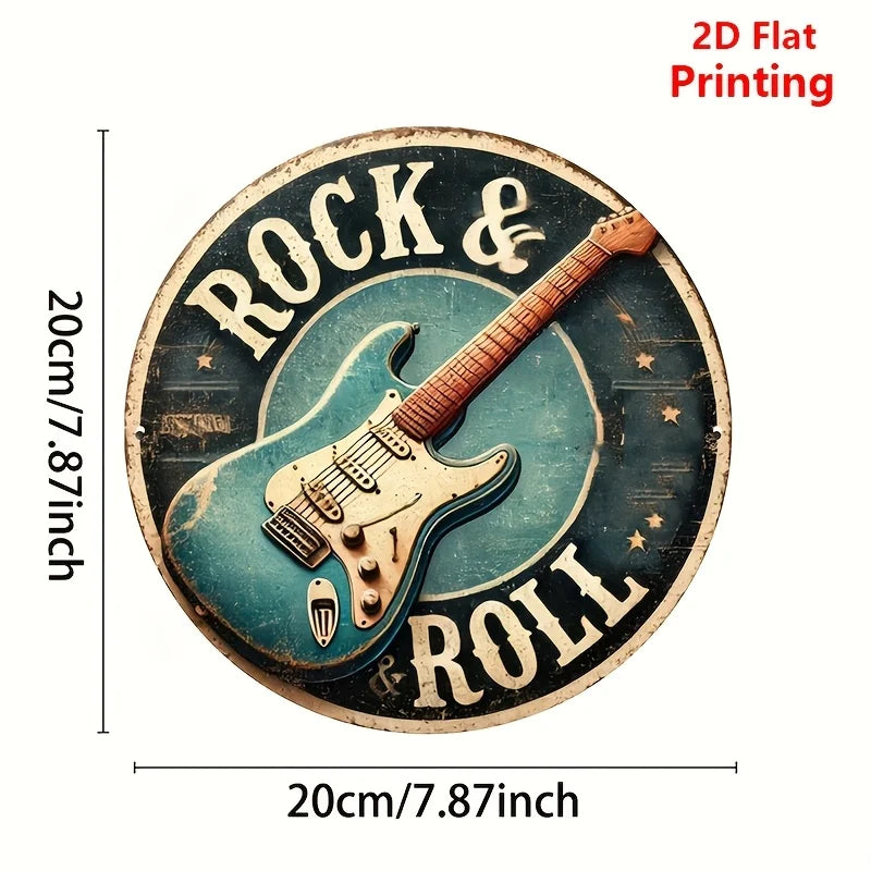 Vintage Retro "Rock & Roll" 2D Flat Round Tin Sign - Classic Electric Guitar Music Wall Decor for Music Room Man Cave Bar Home S