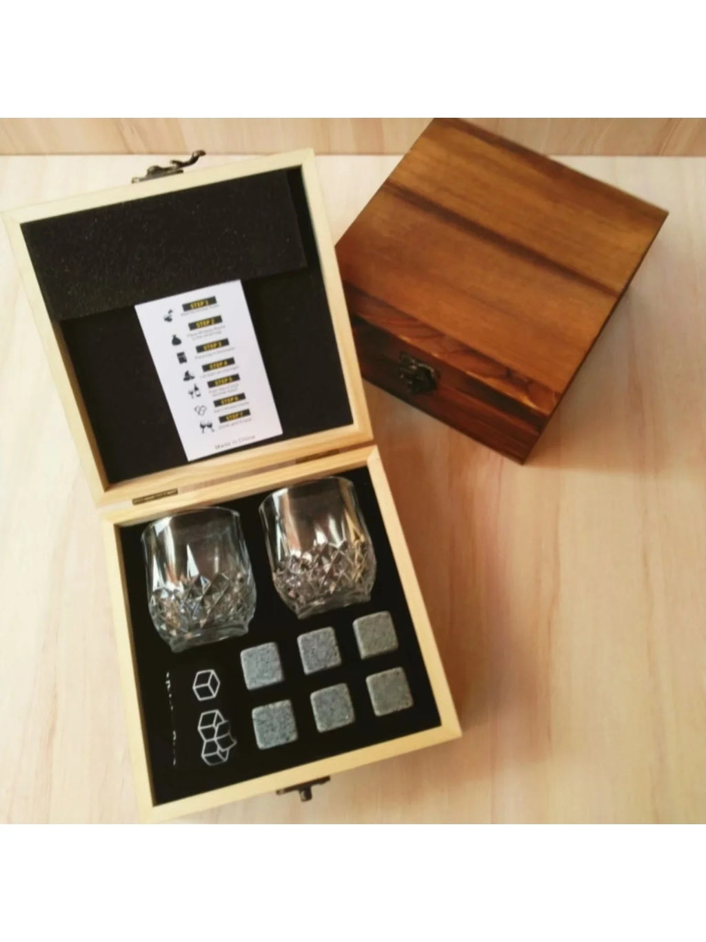 Father's Day Gift for Men Whiskey Stones Glasses Set Granite Ice Block for Whisky in Wooden Bottle Box Present for Dad Husband