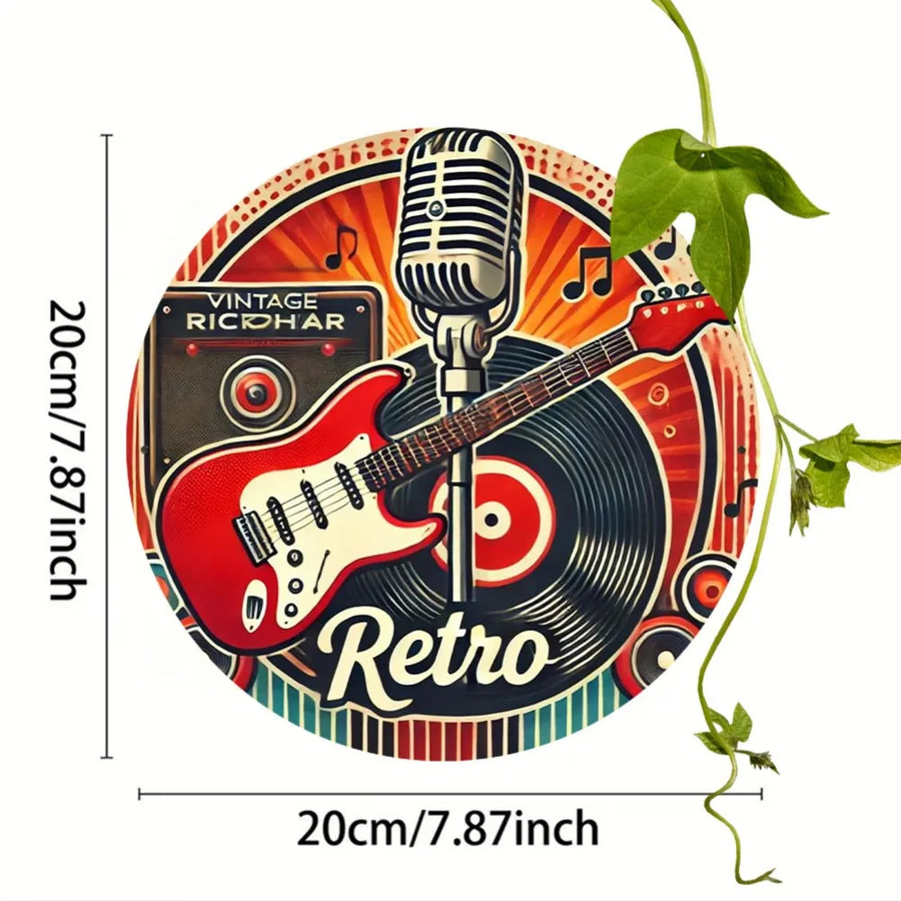 2D Flat, 1pc Vintage "Retro Melody" Round Aluminum Wall Art Sign - 8x8 Inch, Vibrant Red Electric Guitar & Vinyl Record Design