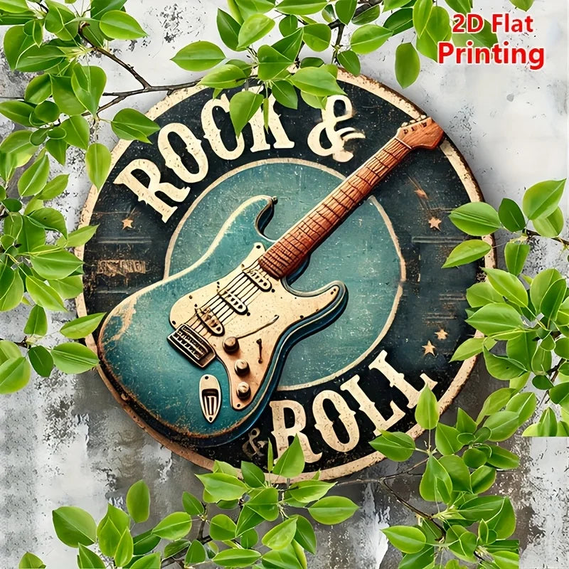 Vintage Retro "Rock & Roll" 2D Flat Round Tin Sign - Classic Electric Guitar Music Wall Decor for Music Room Man Cave Bar Home S