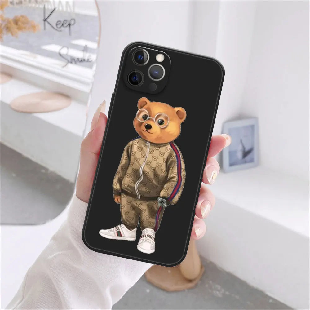 Cute Bear Fashion Brand Protective Cover Phone Case For iPhone 17 16 15 14 13 12 11 Pro Max 17AIR 14 15 16 Plus Black soft shell