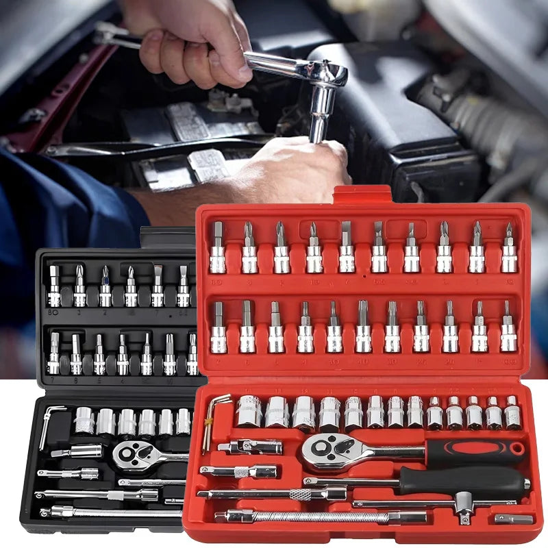 46pcs 1/4 Inch Drive Socket Set Ratchet Wrench Set Car Tool Kit, Bit Socket Wrench Set Metric Mechanic Tool Set Car accessories