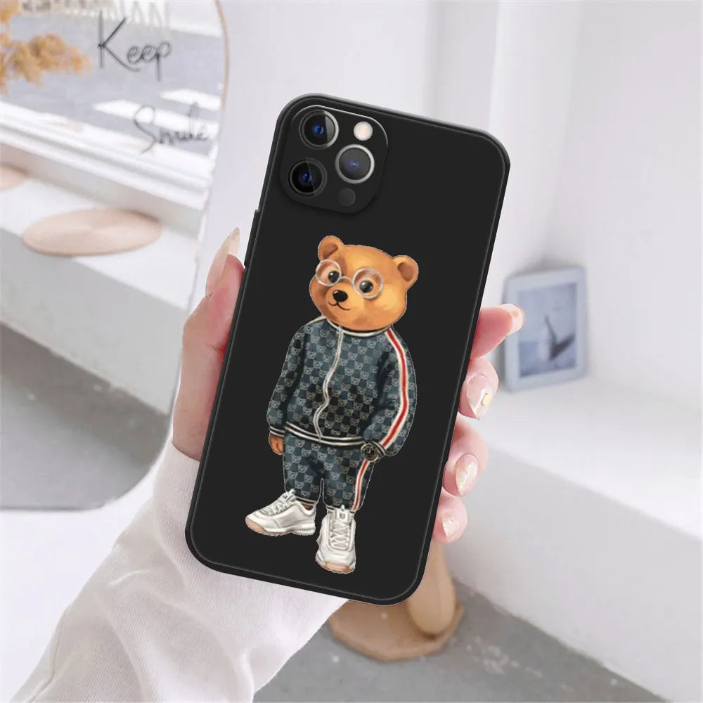 Cute Bear Fashion Brand Protective Cover Phone Case For iPhone 17 16 15 14 13 12 11 Pro Max 17AIR 14 15 16 Plus Black soft shell