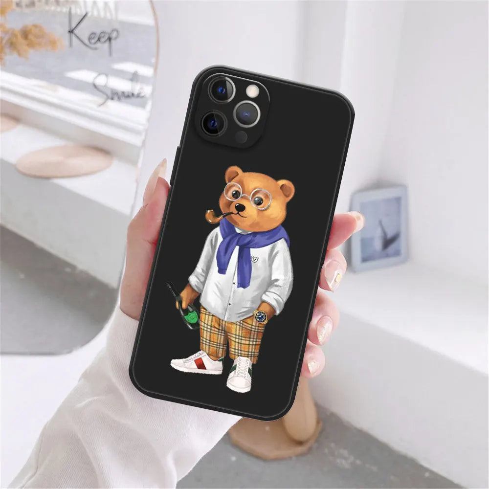 Cute Bear Fashion Brand Protective Cover Phone Case For iPhone 17 16 15 14 13 12 11 Pro Max 17AIR 14 15 16 Plus Black soft shell
