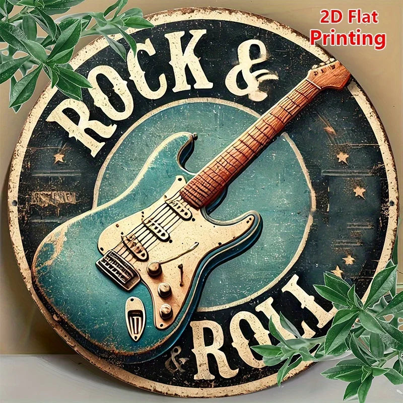 Vintage Retro "Rock & Roll" 2D Flat Round Tin Sign - Classic Electric Guitar Music Wall Decor for Music Room Man Cave Bar Home S