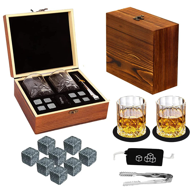 Father'S Day Gift For Men Whiskey Stones Set 8 Pcs Granite Ice Cubes+ 2 Pcs Cups For Whisky In Wooden Bottle Box Present For Dad