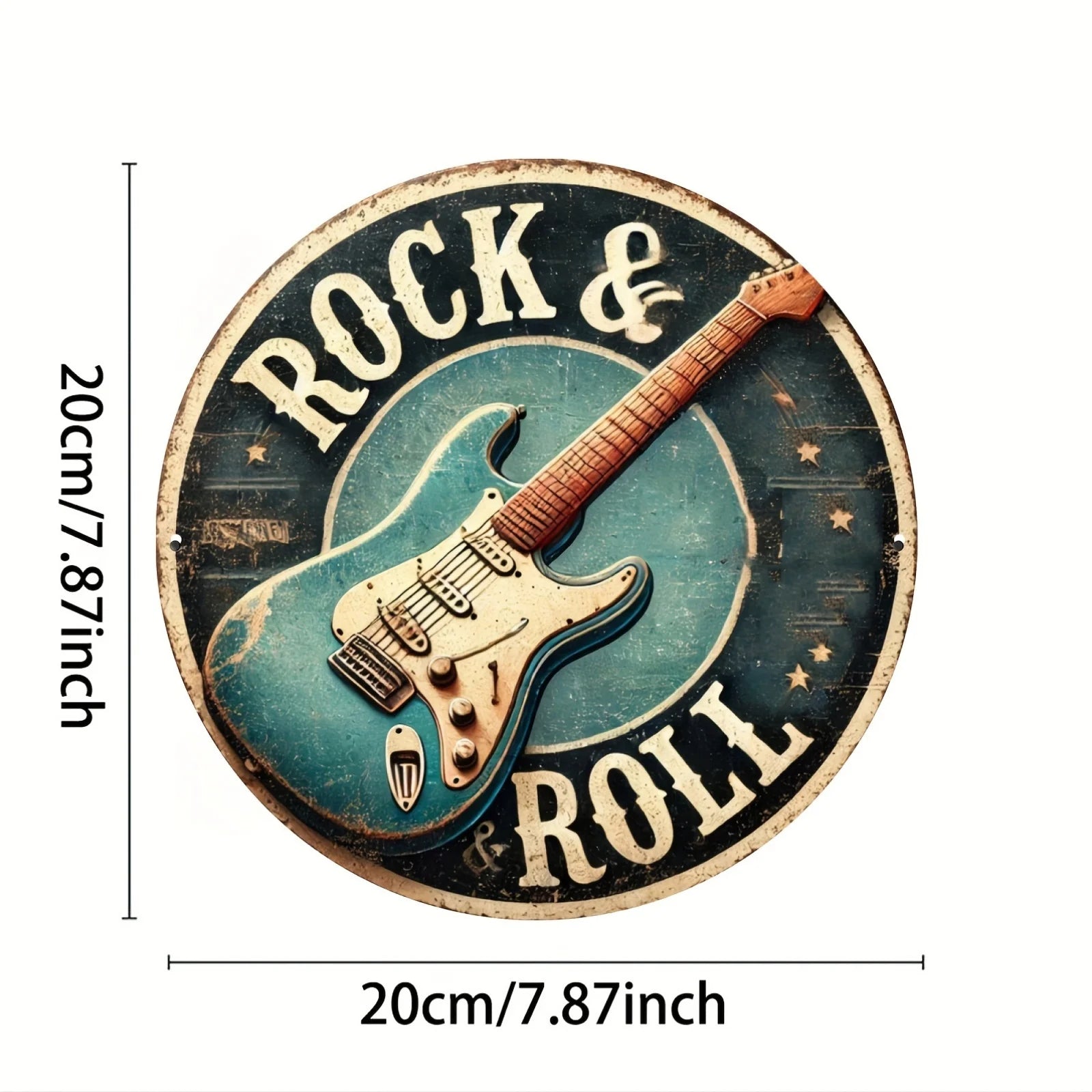 Vintage Retro "Rock & Roll" 2D Flat Round Tin Sign - Classic Electric Guitar Music Wall Decor for Music Room Man Cave Bar Home S