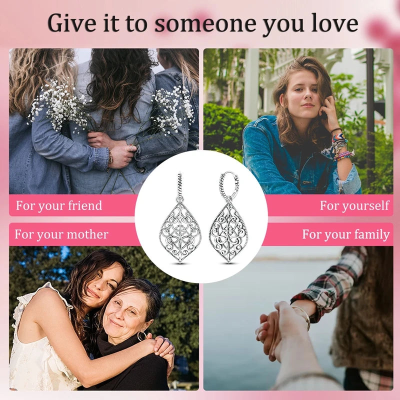 925 Sterling Silver Filigree Earrings Italian Filigrana Lace Drop Hoop Hypoallergenic For Women Party Wedding Versatile Jewelry