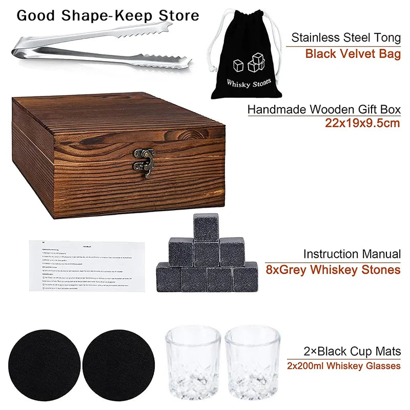 Set 8 Pcs Granite Ice Cubes+ 2 Pcs Cups For Whisky In Wooden Bottle Box Present For Dad Father'S Day Gift For Men Whiskey Stones
