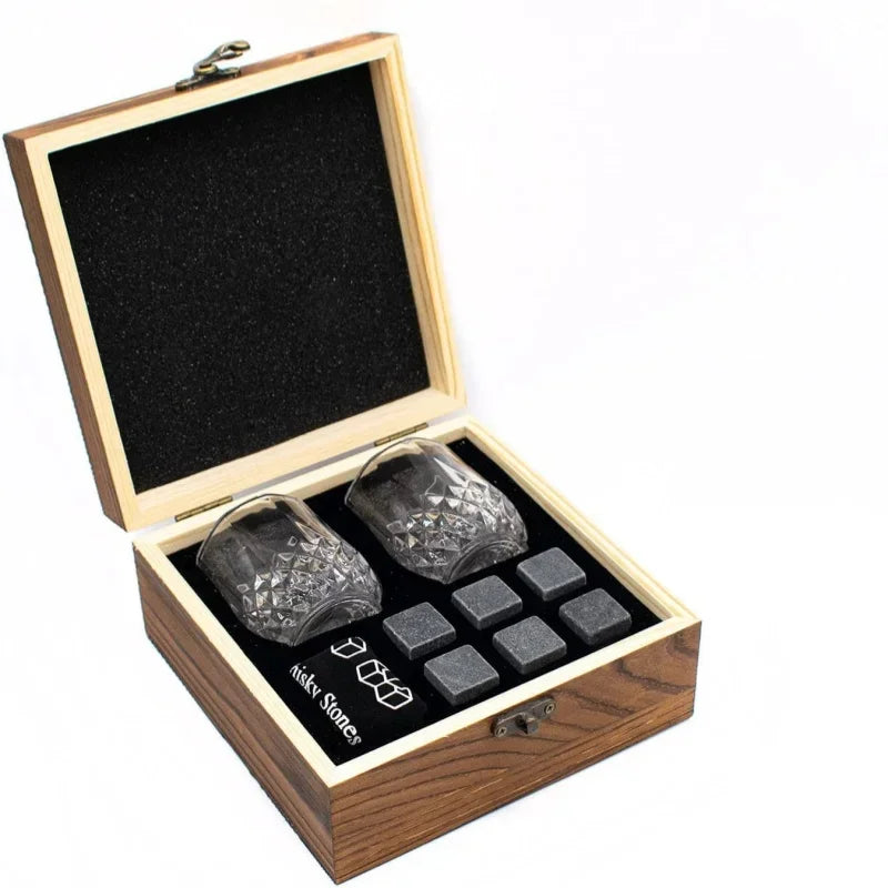 Father's Day Gift for Men Whiskey Stones Glasses Set Granite Ice Block for Whisky in Wooden Bottle Box Present for Dad Husband