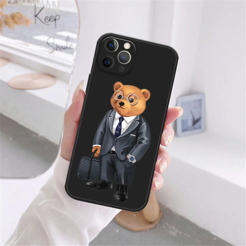 Cute Bear Fashion Brand Protective Cover Phone Case For iPhone 17 16 15 14 13 12 11 Pro Max 17AIR 14 15 16 Plus Black soft shell